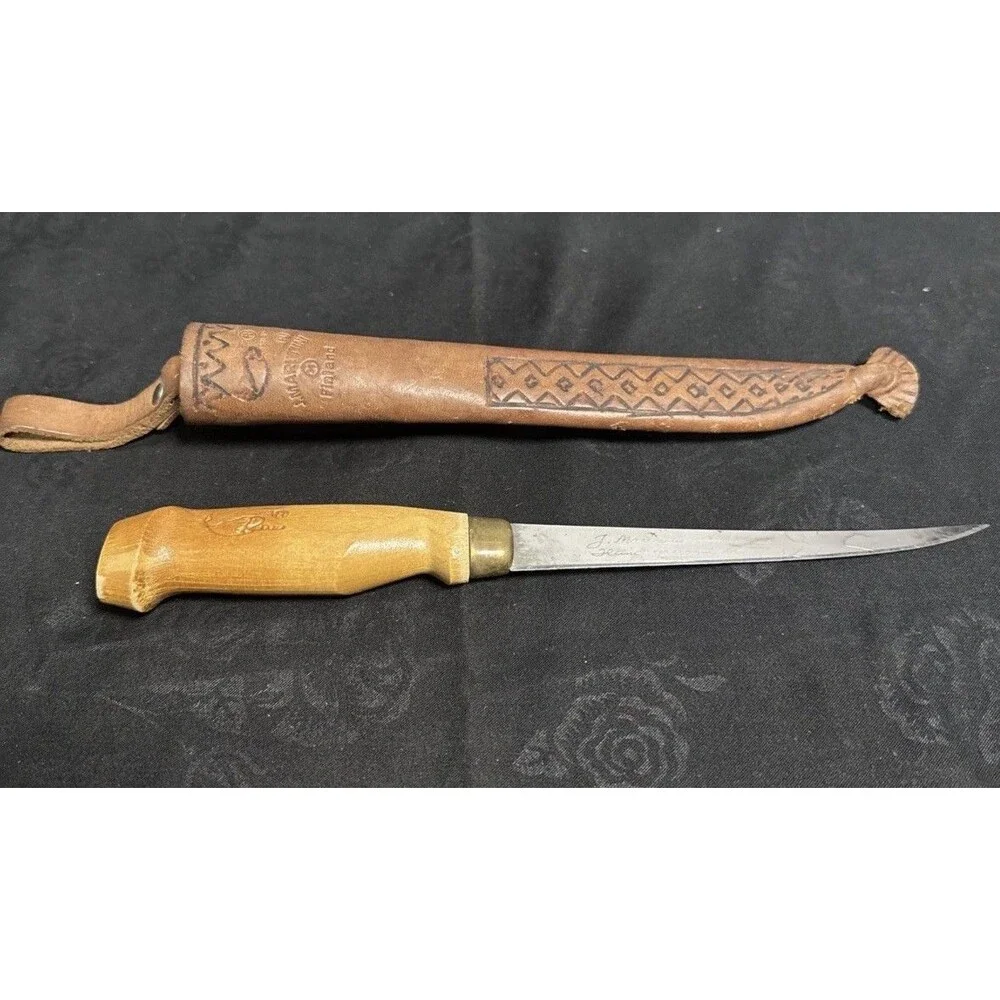 J Marttini Fish Filleting Knife and Leather Sheath/ Vintage 11 Inches